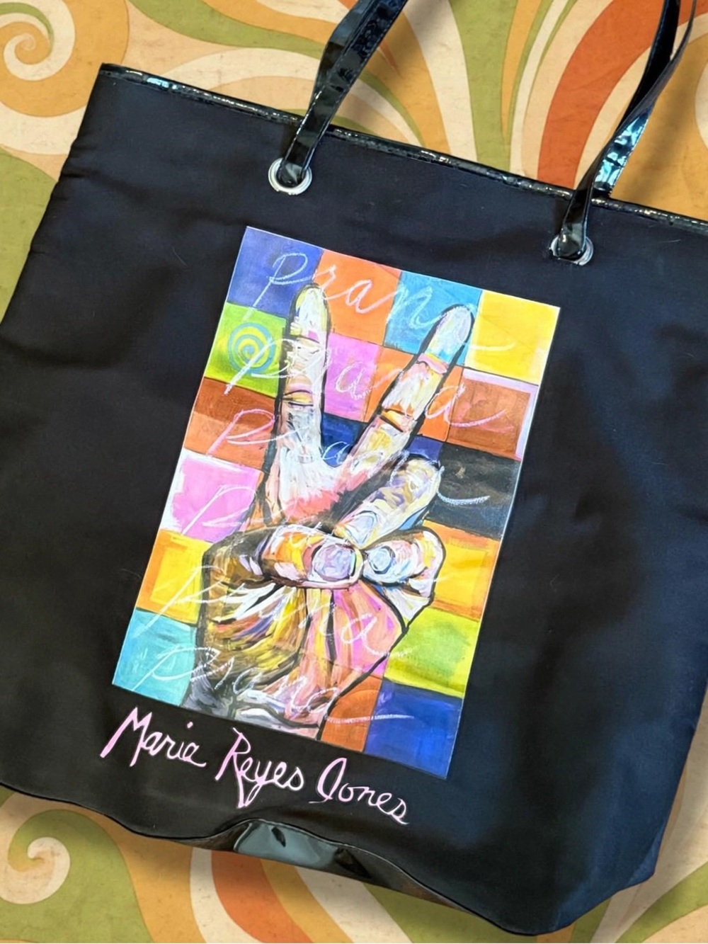 Prana Black Maria Reyes Jones Peace Sign Tote Bag Minor Flaws